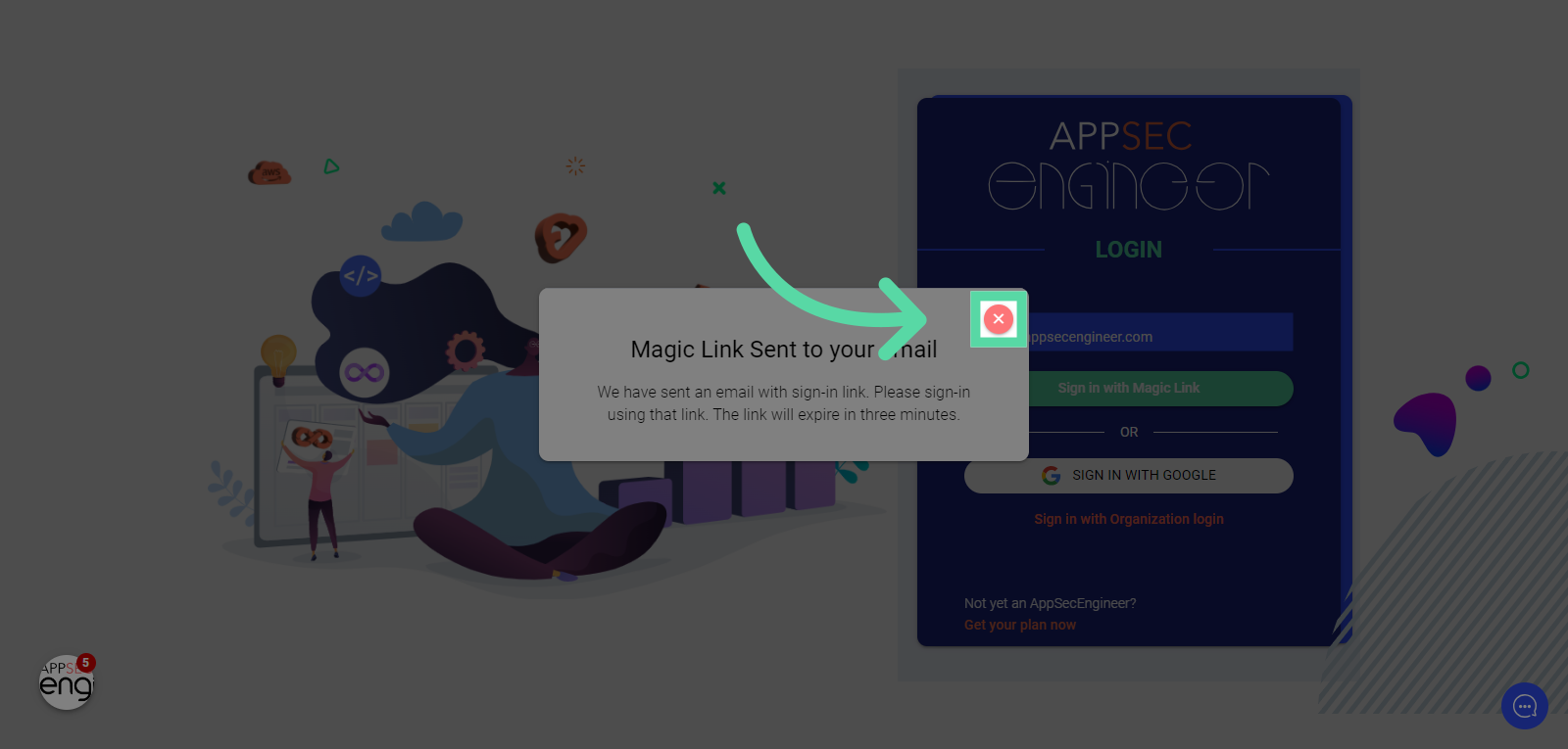 Screenshot of Magic Link Sent to your Email Popup