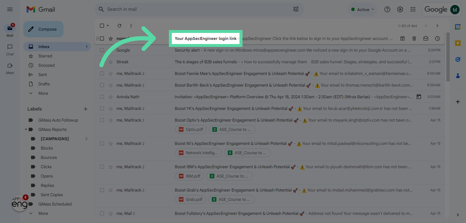 Screenshot of Gmail Inbox of AppSecEngineer Login Link