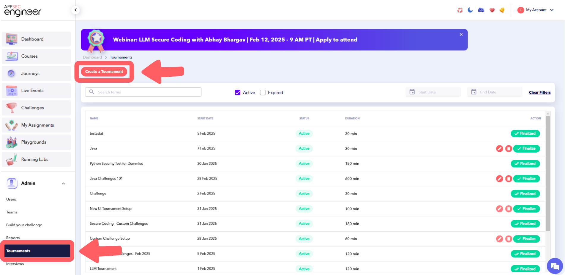 Screenshot of navigating to 'Tournaments' in the Admin section and selecting 'Create Tournament' in the AppSecEngineer Learning Platform
