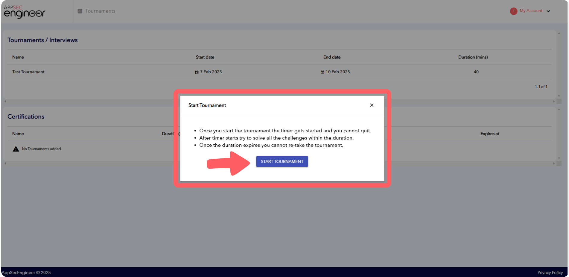 Screenshot of the tournament assignment details page with the 'Start the Tournament' button in the AppSecEngineer platform.