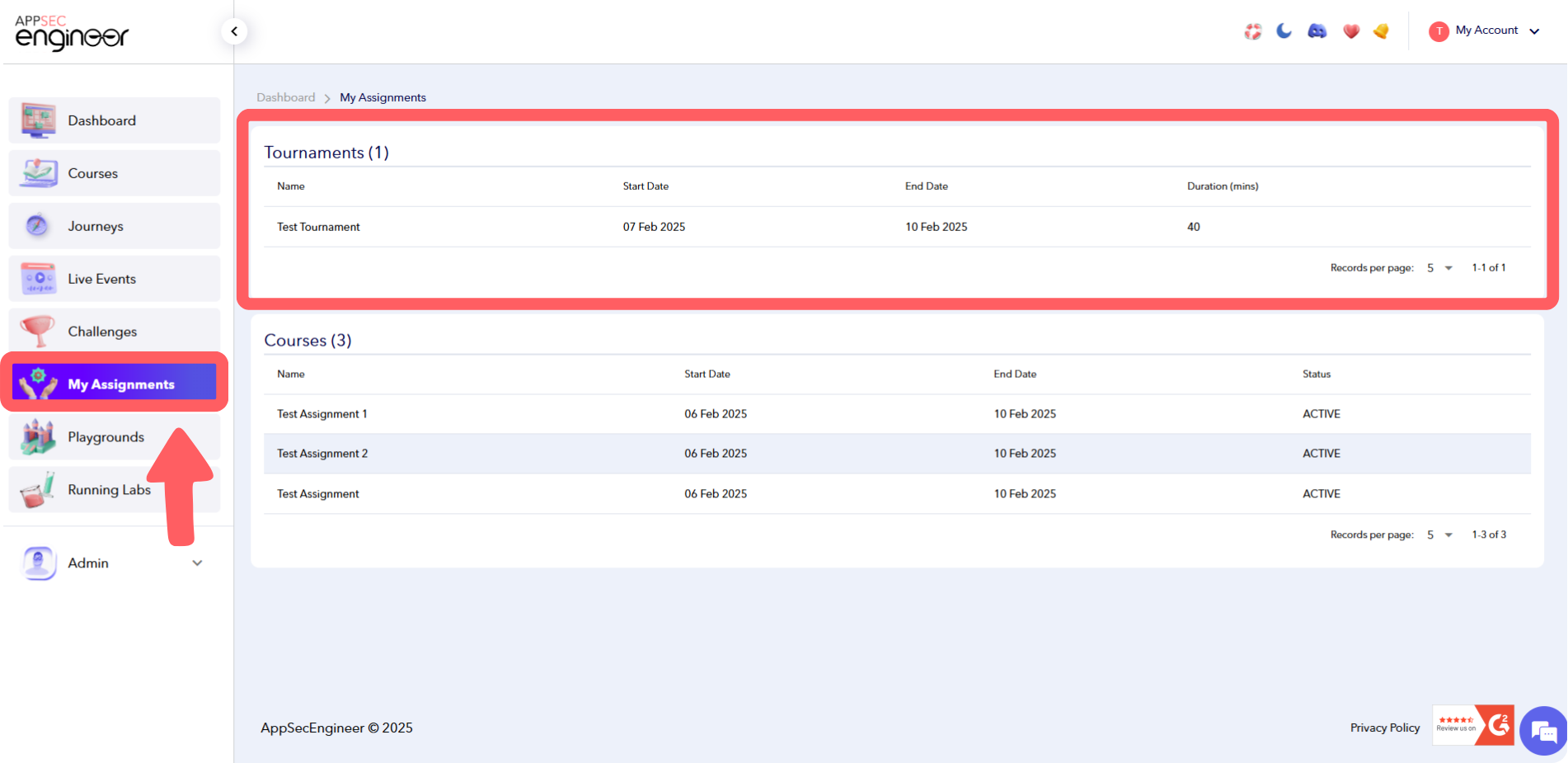 Screenshot of opening the left menu and clicking on 'My Assignments' in the AppSecEngineer platform.