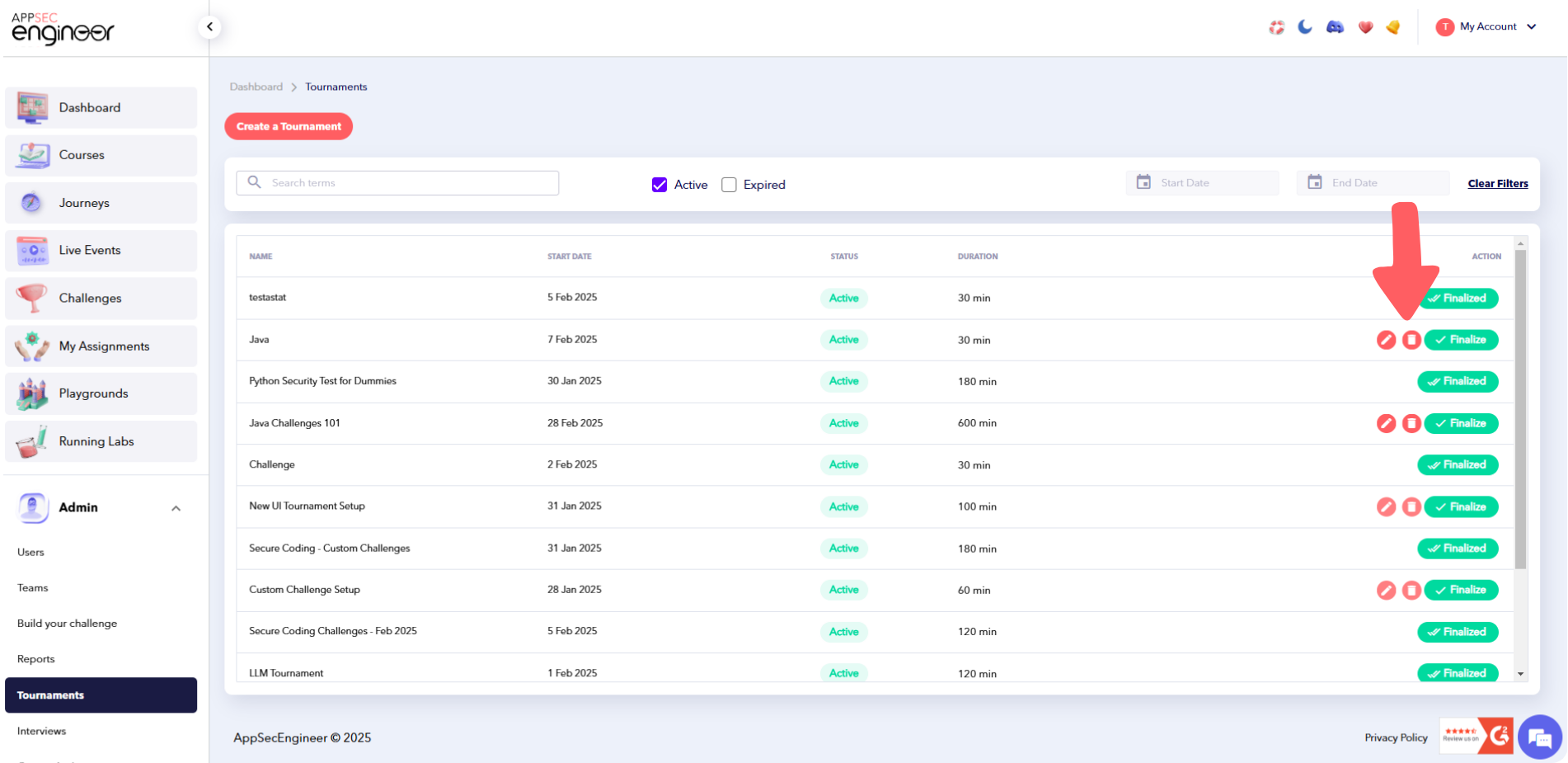 Screenshot of clicking the Bin Icon (Delete) under the Actions column to delete a tournament in the AppSecEngineer Learning Platform admin dashboard.