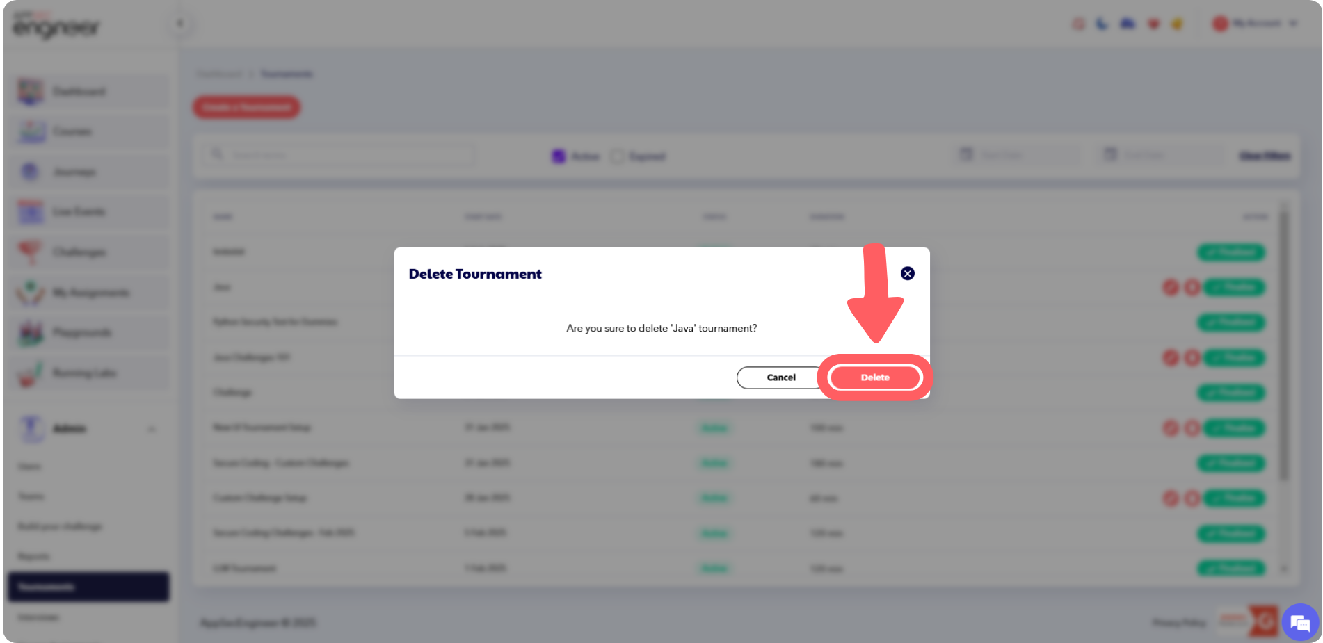 Screenshot of clicking the 'Confirm' button to permanently delete a tournament in the AppSecEngineer Learning Platform