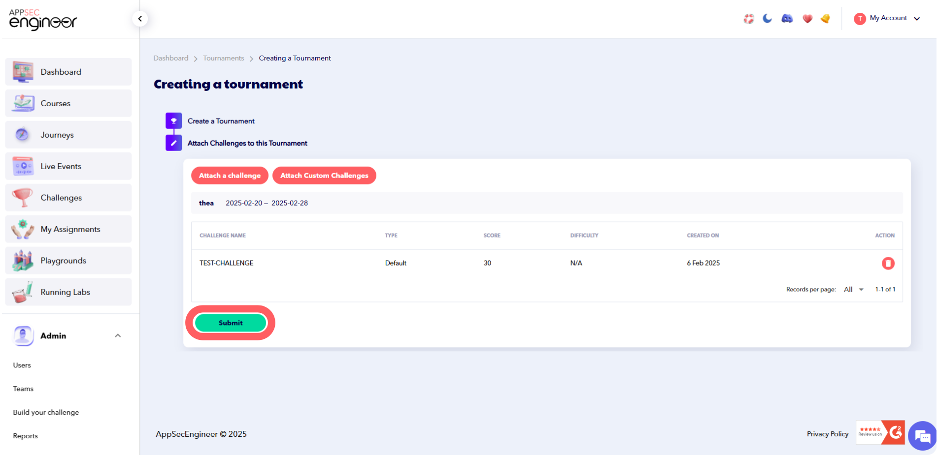 Screenshot of selecting a challenge, assigning a score, and clicking submit in the AppSecEngineer platform