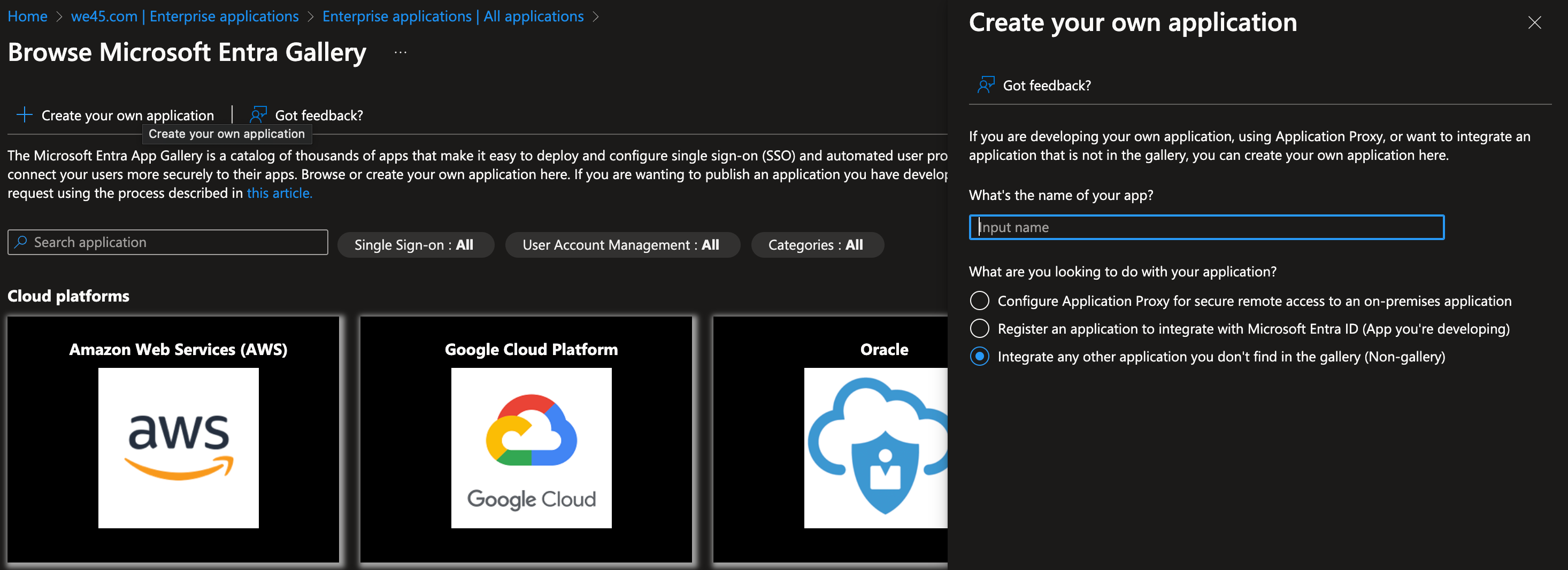 Screenshot of Microsoft Entra Gallery with app creation options and cloud platforms listed.