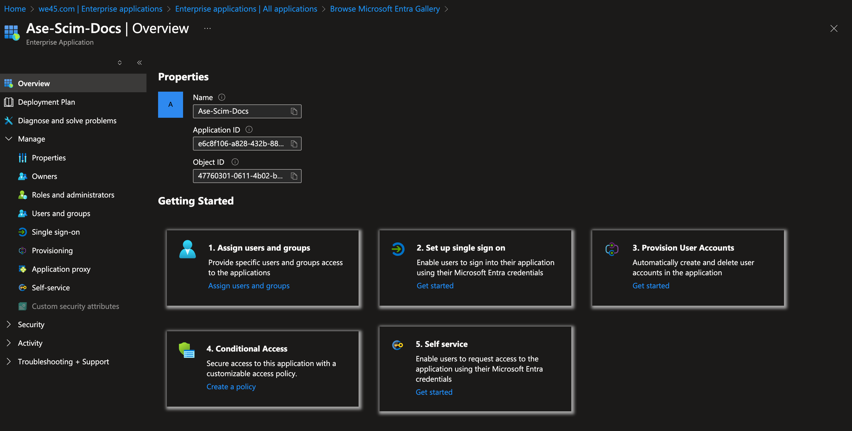 Interface showing app details, setup options, and navigation for Properties, Security, and Activity.