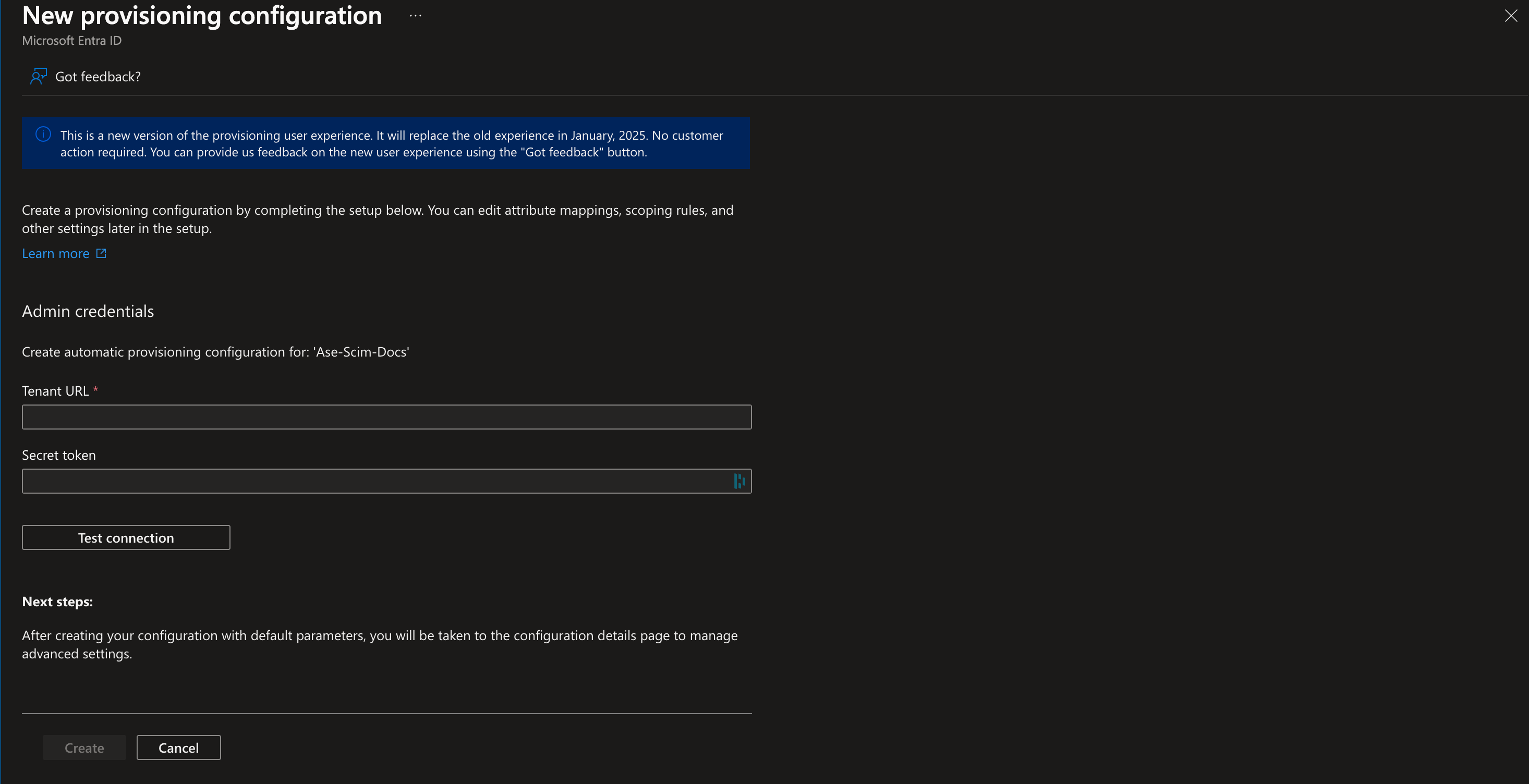 Setup interface for new provisioning in Microsoft Entra ID with admin credentials and configuration options