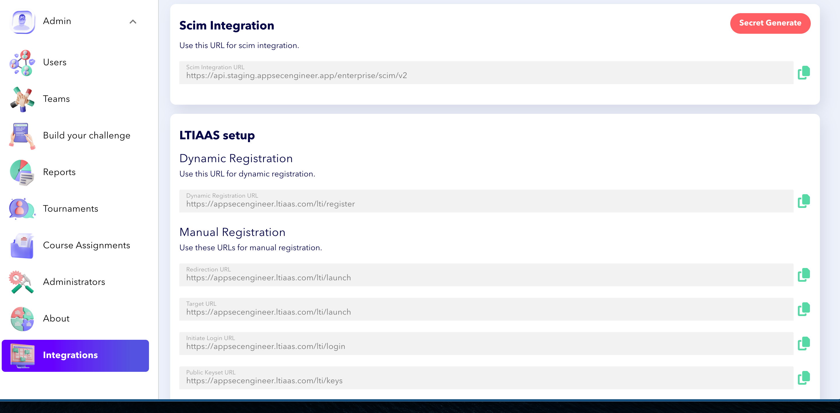 Screenshot of Dashboard displaying SCIM Integration and LTIAAS setup options.