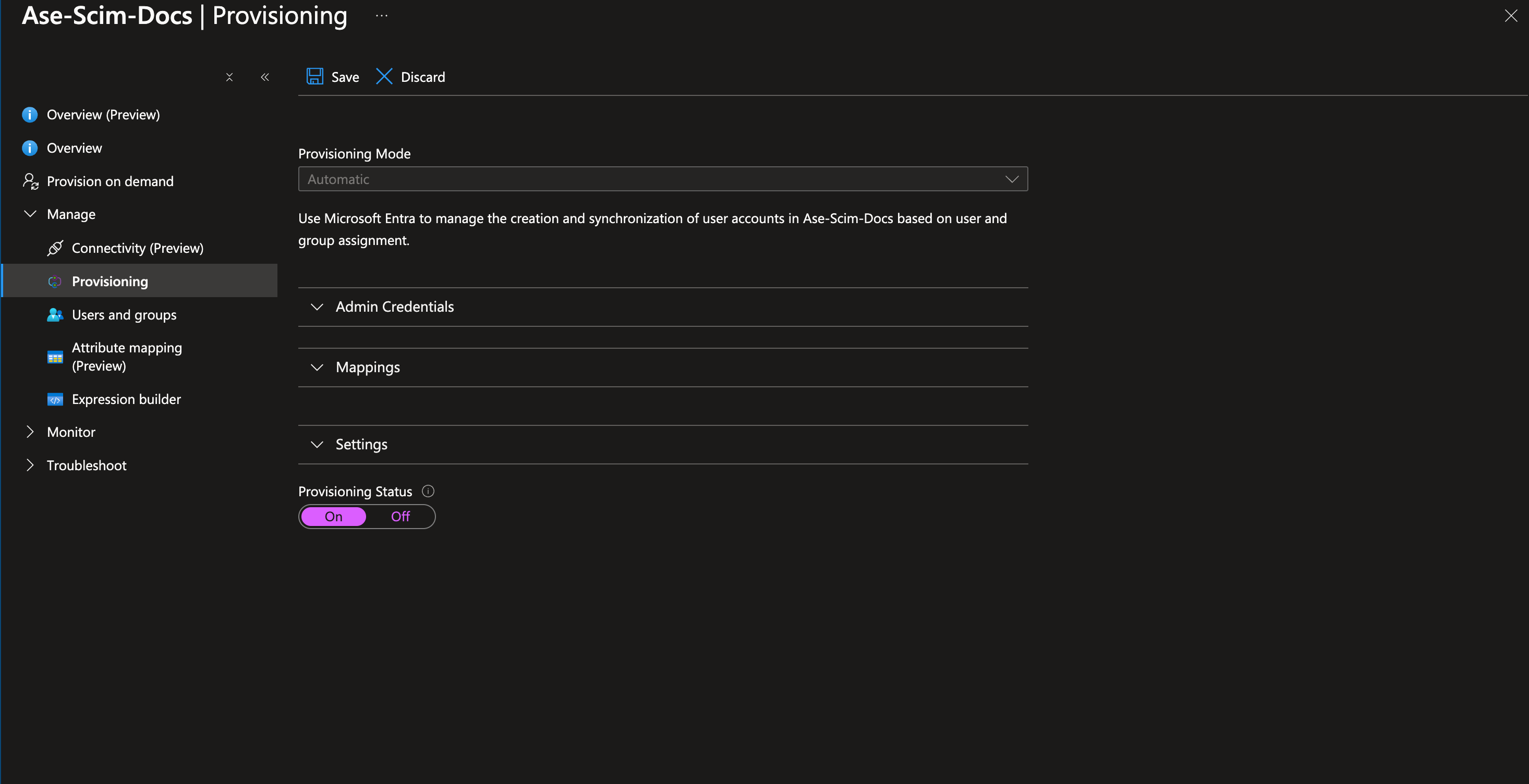 Interface for configuring provisioning settings, including mode and admin credentials.