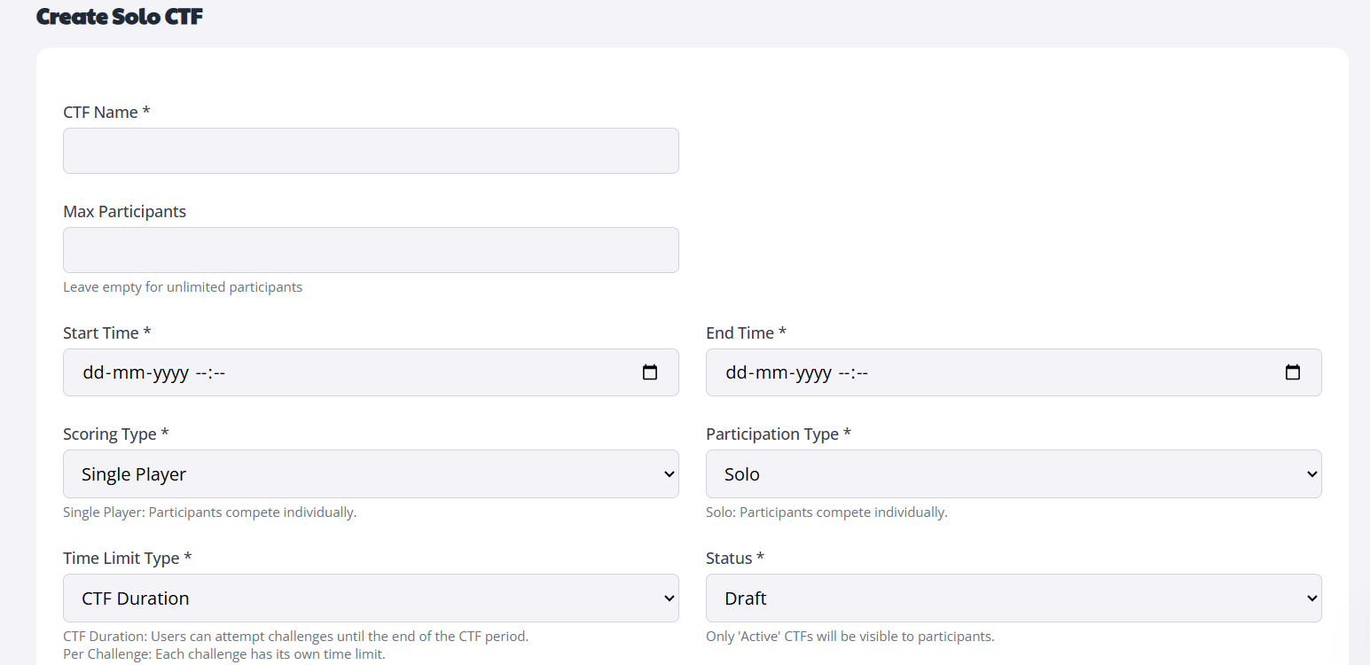 Solo CTF creation form with event configuration fields.