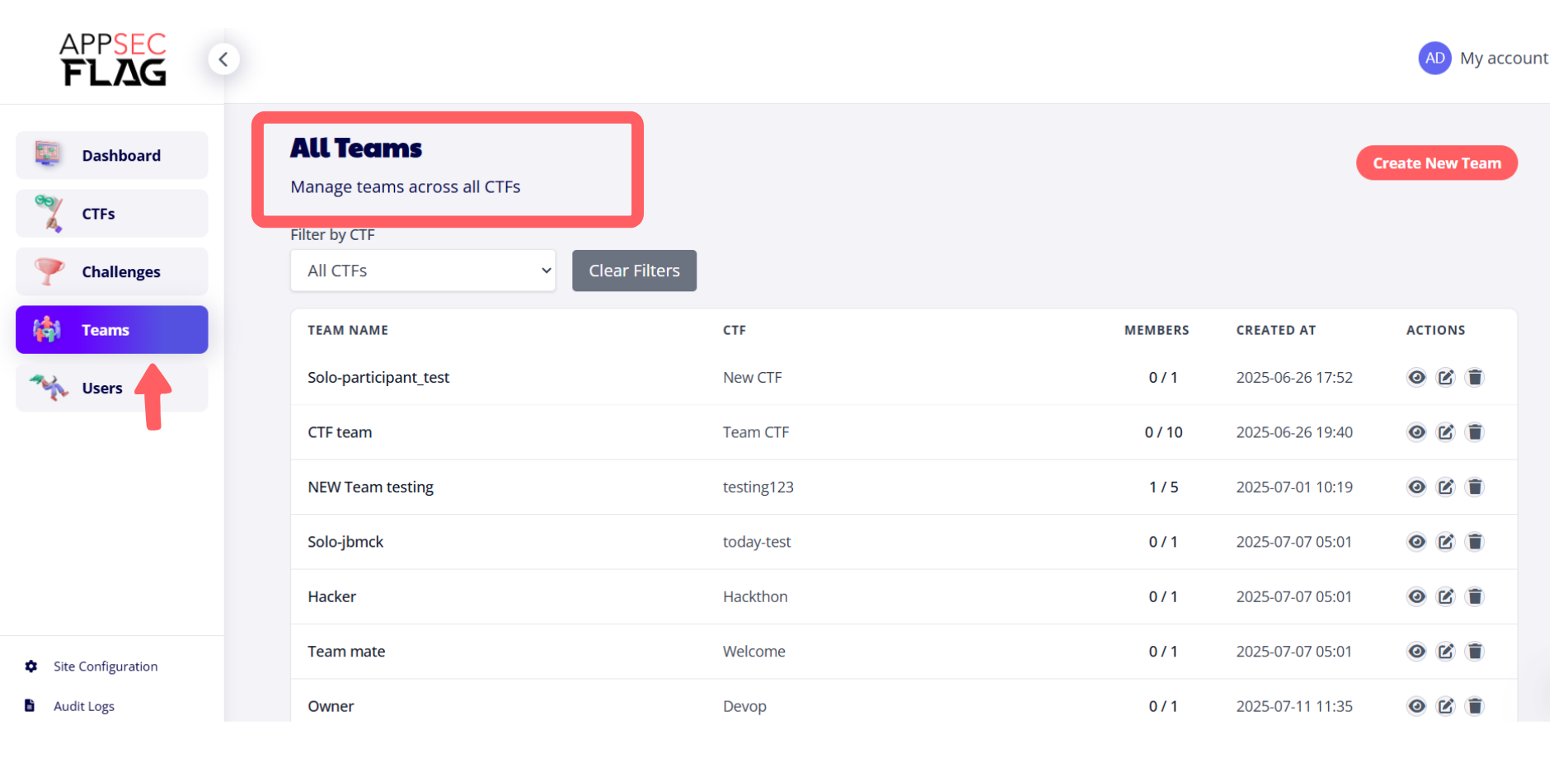 AppSecFlag Teams page showing a list of CTF teams with member count and actions.