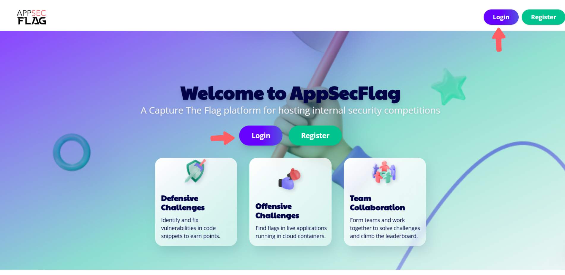 AppSecFlag welcome screen with login options and challenge highlights.