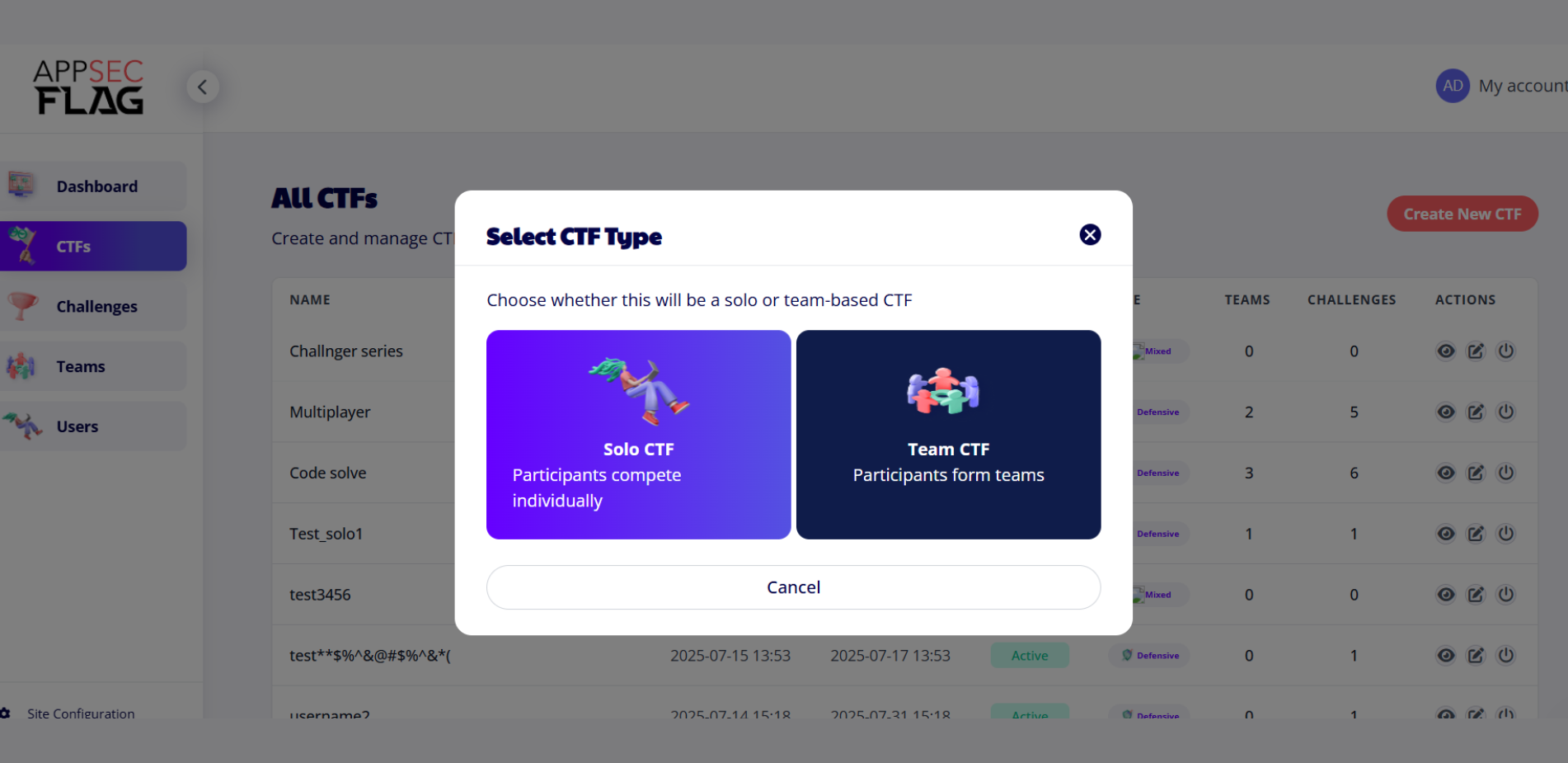 Popup modal showing options to select either Solo CTF or Team CTF on the AppSecFlag platform.