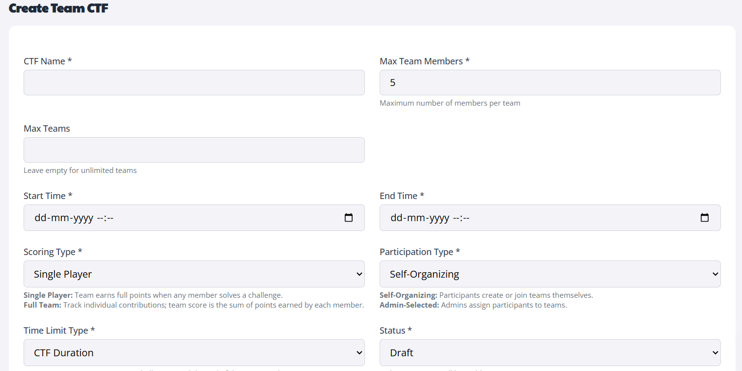 Form to create a new Team CTF event with input fields for name, team settings, timing, scoring, and status.