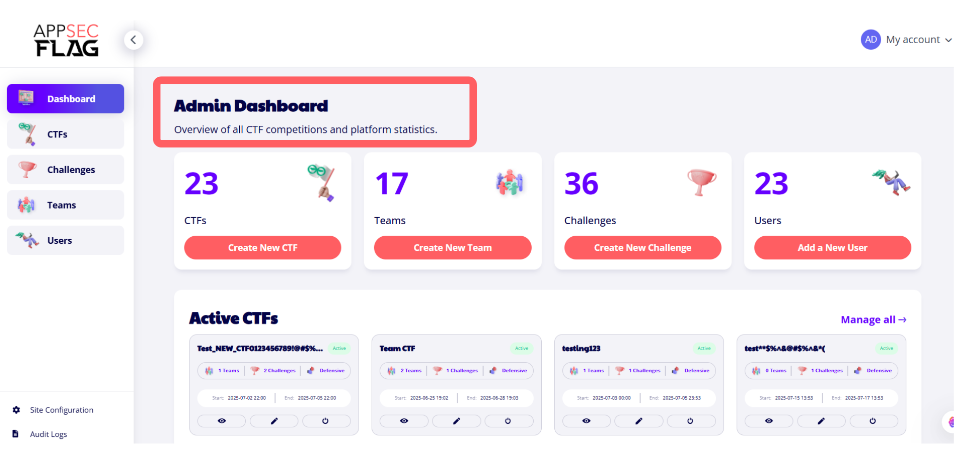 AppSecFlag Admin Dashboard displaying CTF statistics, team and challenge counts, and active CTF listings.