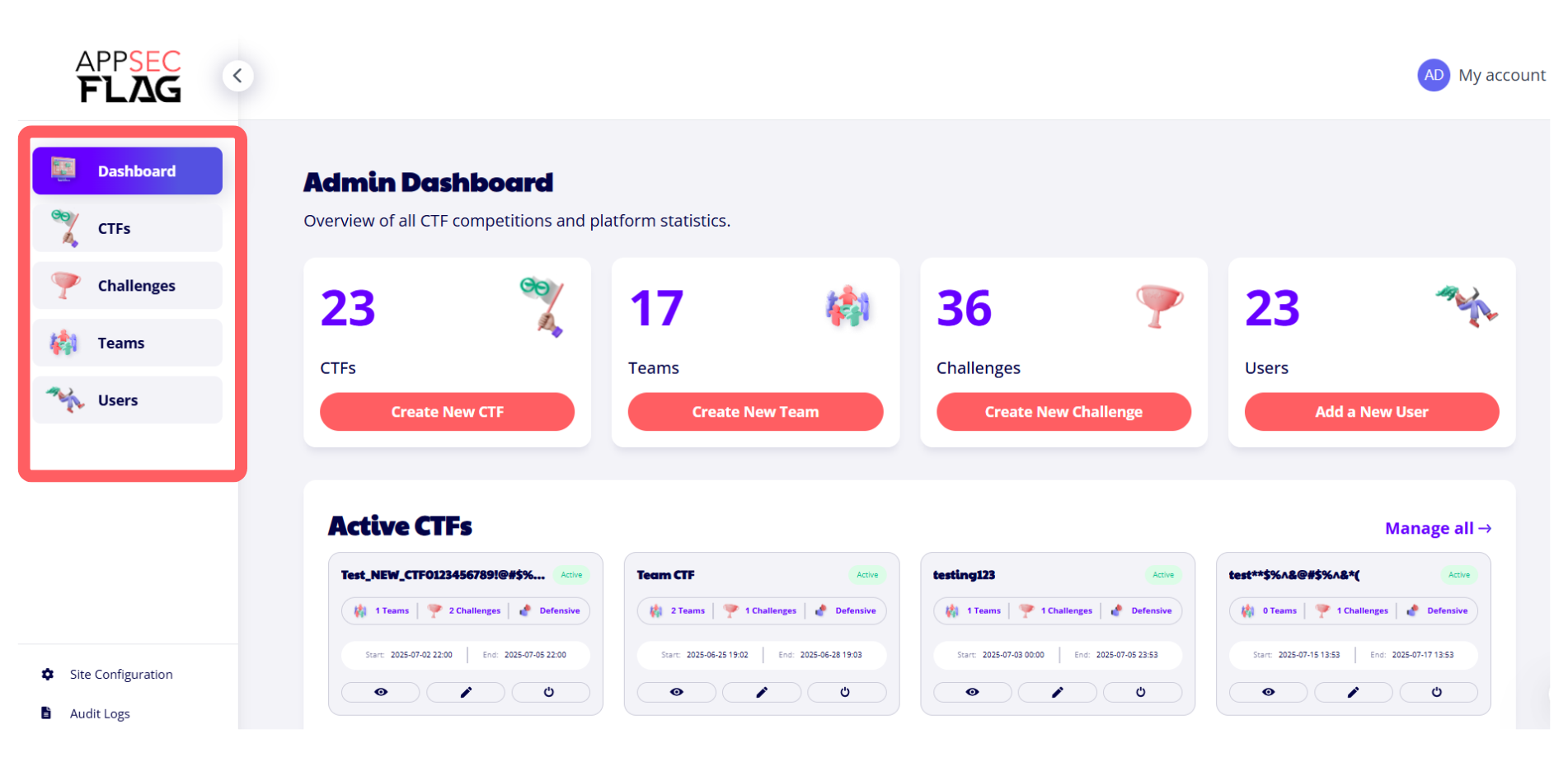 Admin sidebar menu showing navigation options like Dashboard, CTFs, Challenges, Teams, and Users on the AppSecFlag platform.