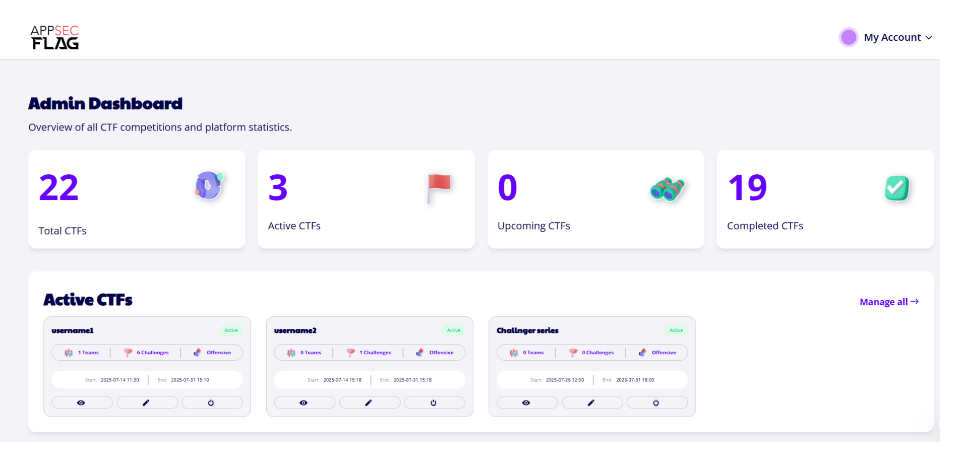 AppSecFlag Admin Dashboard with CTF stats and event list.