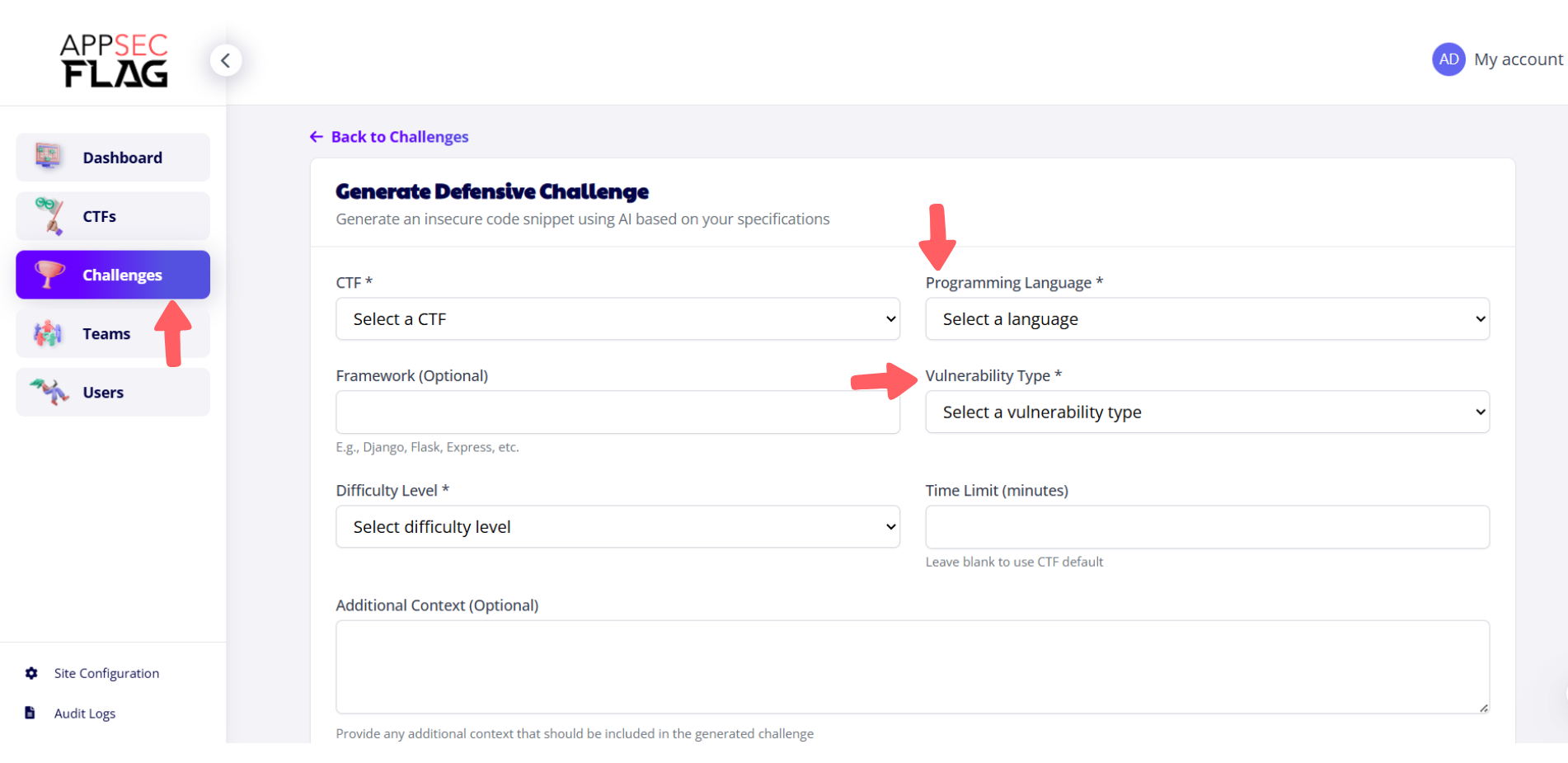 Generate Defensive Challenge form in AppSecFlag platform showing fields for CTF, language, vulnerability type, difficulty, and more.