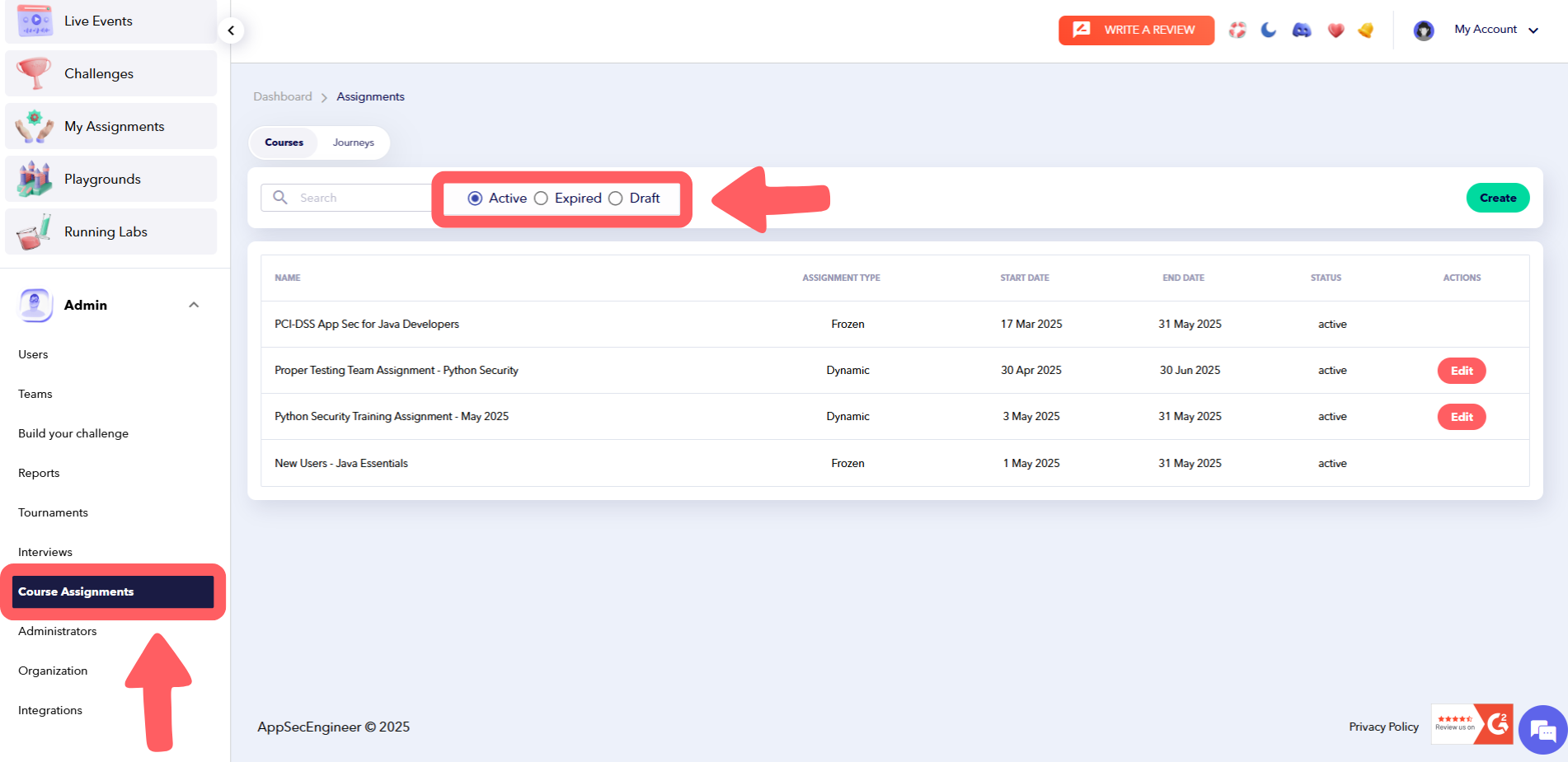 AppSecEngineer admin dashboard displaying active course assignments with filter options for Active, Expired, and Draft, and a highlighted 'Course Assignments' menu on the sidebar.