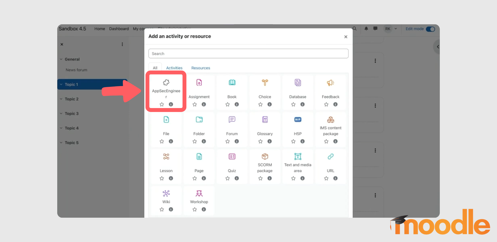 AppSecEngineer activity highlighted in the 'Add an activity or resource' menu.