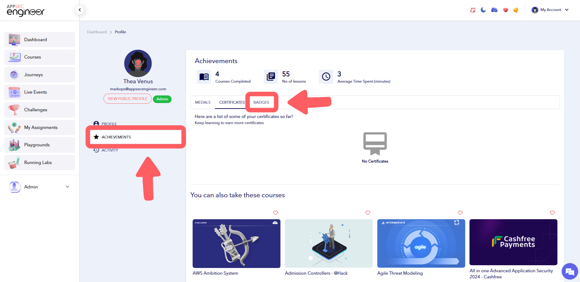 AppSecEngineer user profile achievements section showing badges tab and completed course stats.