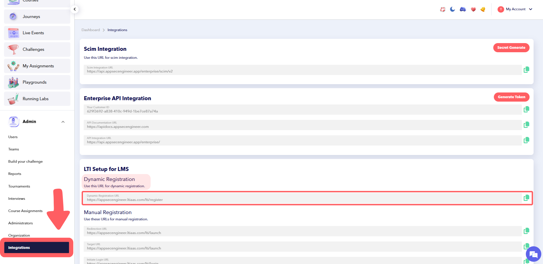 Integrations Page - AppSecEngineer Admin Panel.