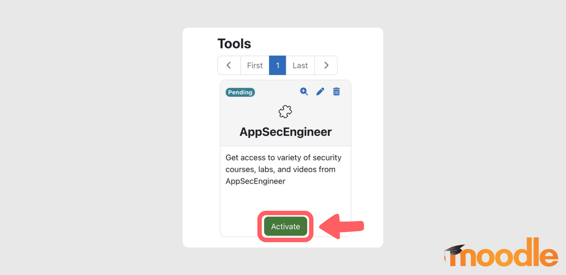 AppSecEngineer tool setup with a pending status and an 'Activate' button highlighted.