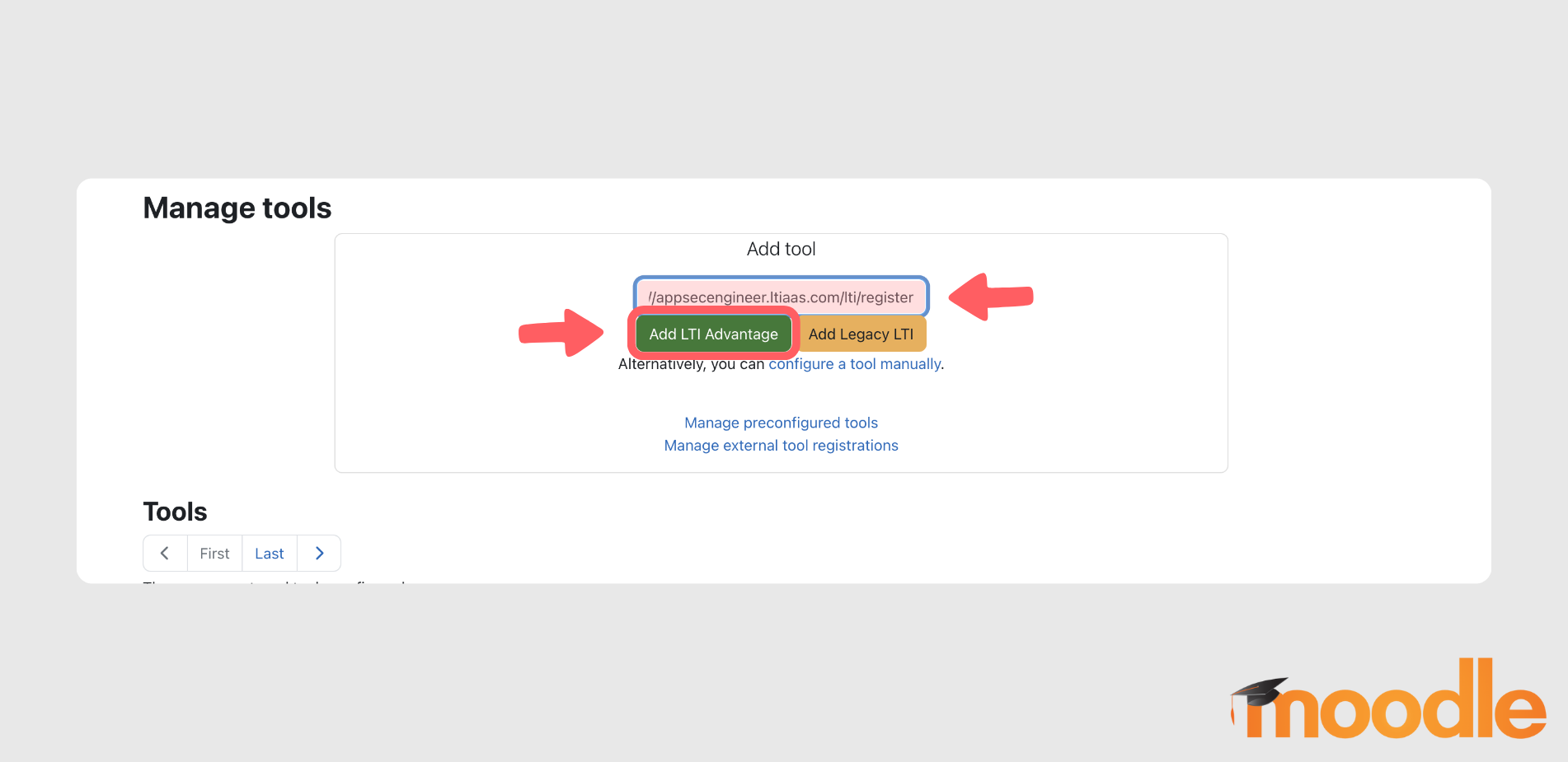 Moodle Manage Tools page with an LTI registration URL and buttons to add LTI Advantage or Legacy LTI