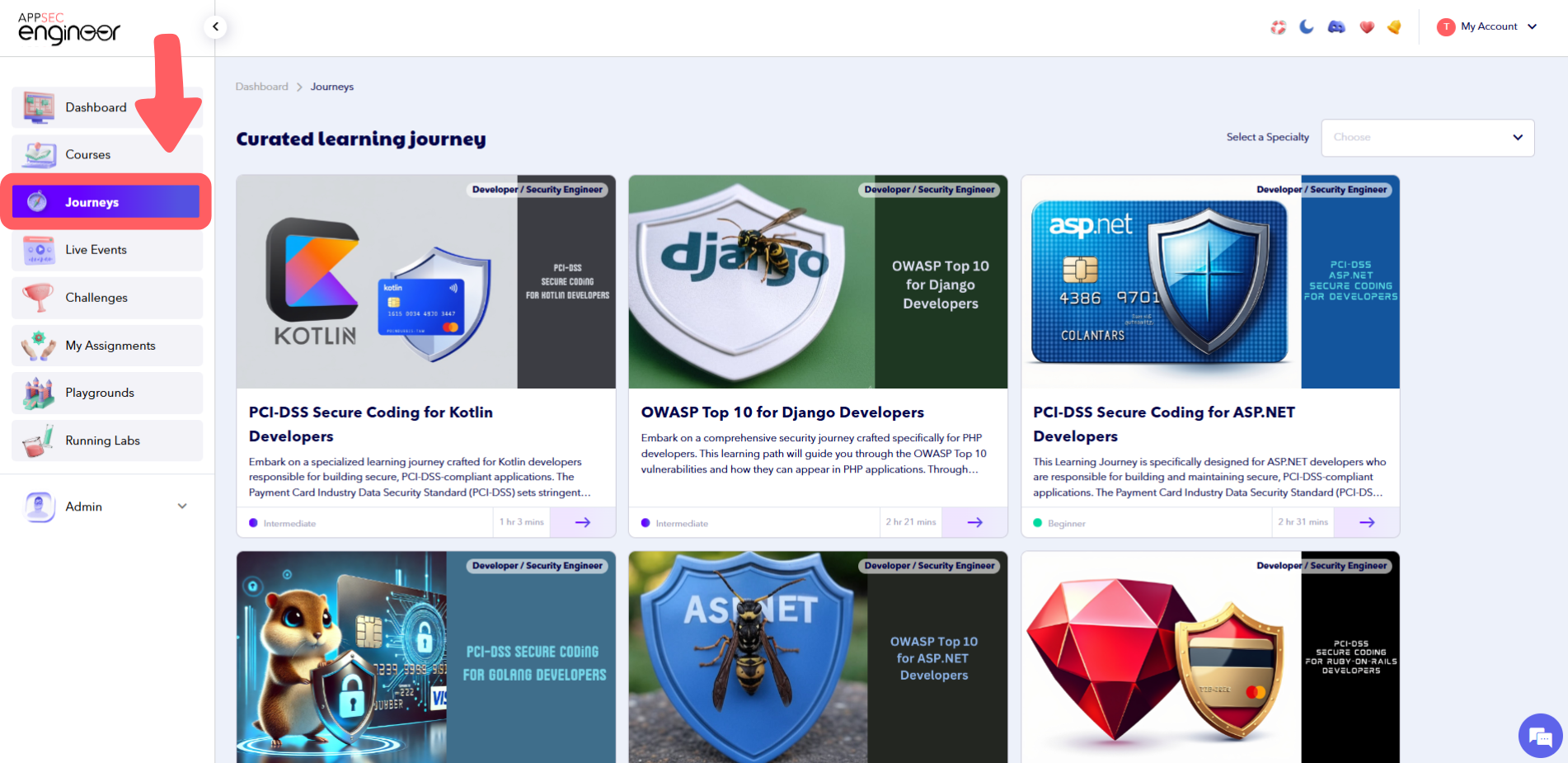 AppSecEngineer Learning Platform - Journeys Page.