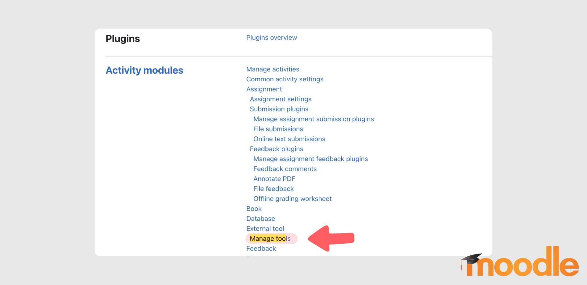 Moodle Plugins settings page with an arrow highlighting 'Manage tools' under the External tool section.