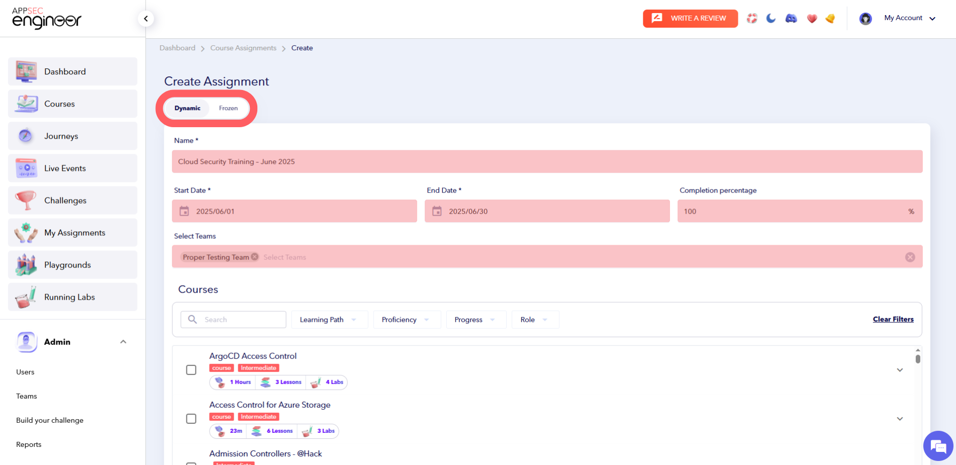 AppSecEngineer Create Assignment screen with Dynamic mode selected.