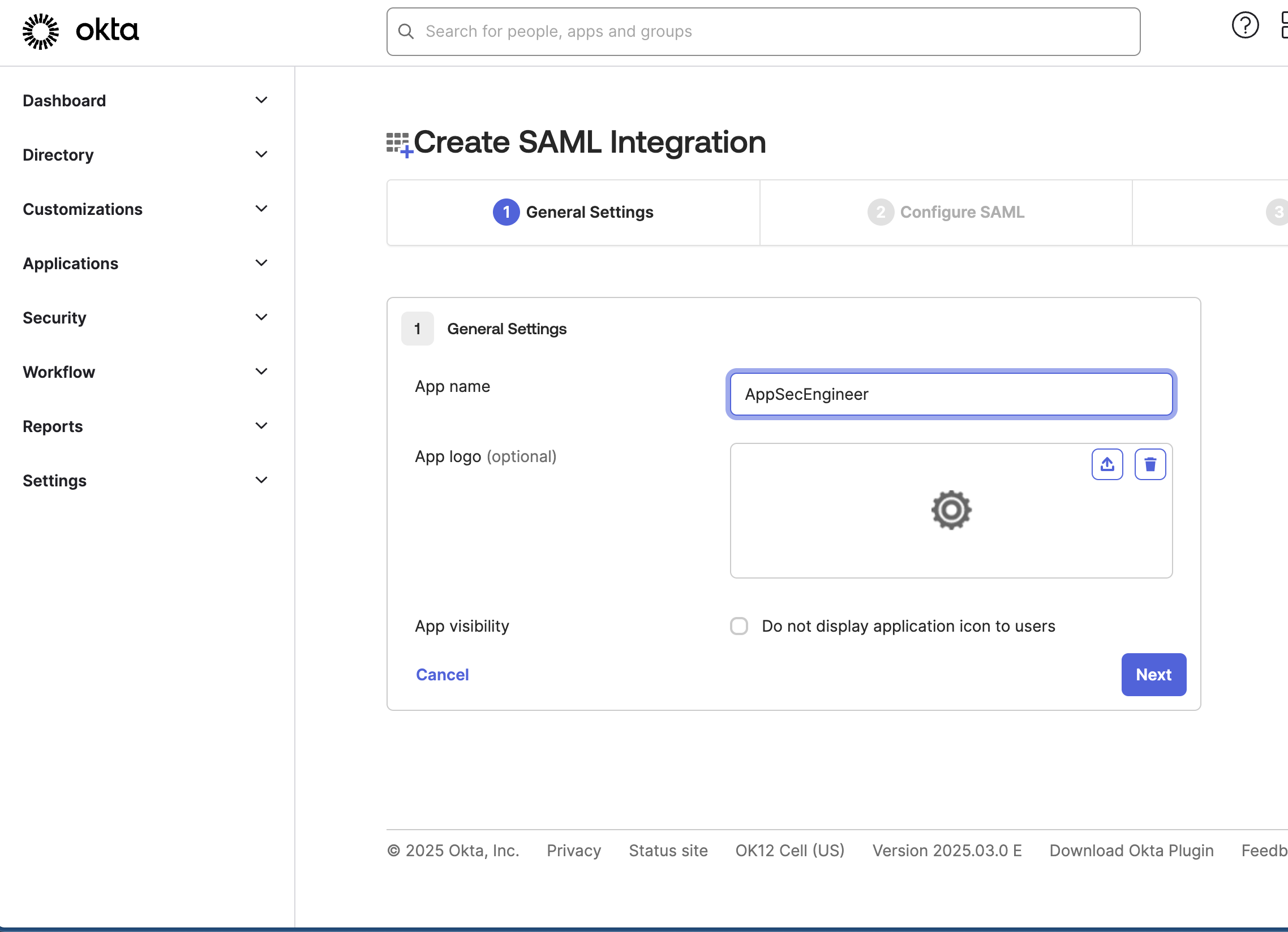 Okta interface displaying the 'Create SAML Integration' setup page with 'AppSecEngineer' as the app name.