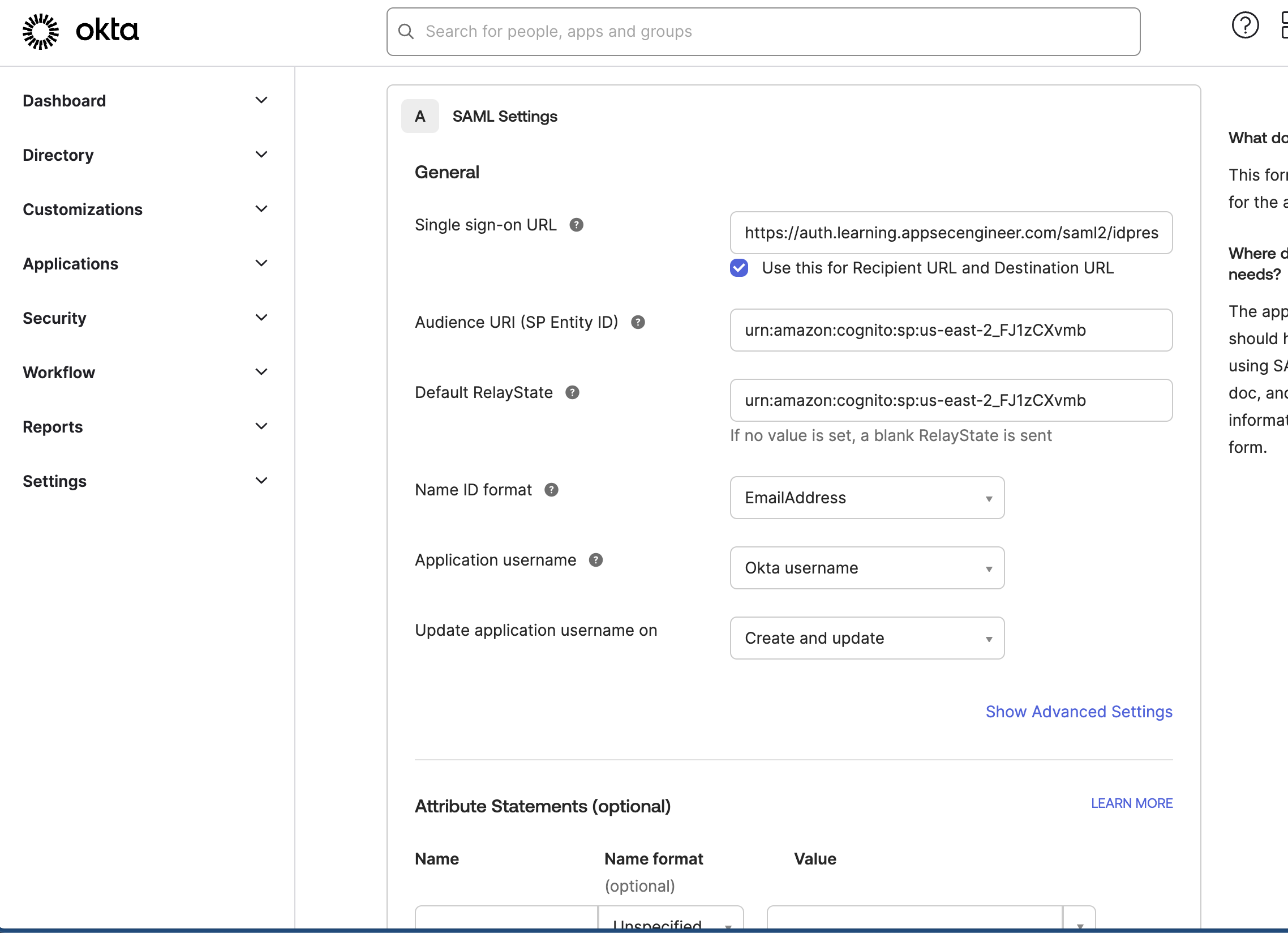 Okta SAML Settings page with SSO URL, Audience URI, and user attributes configured for AppSecEngineer
