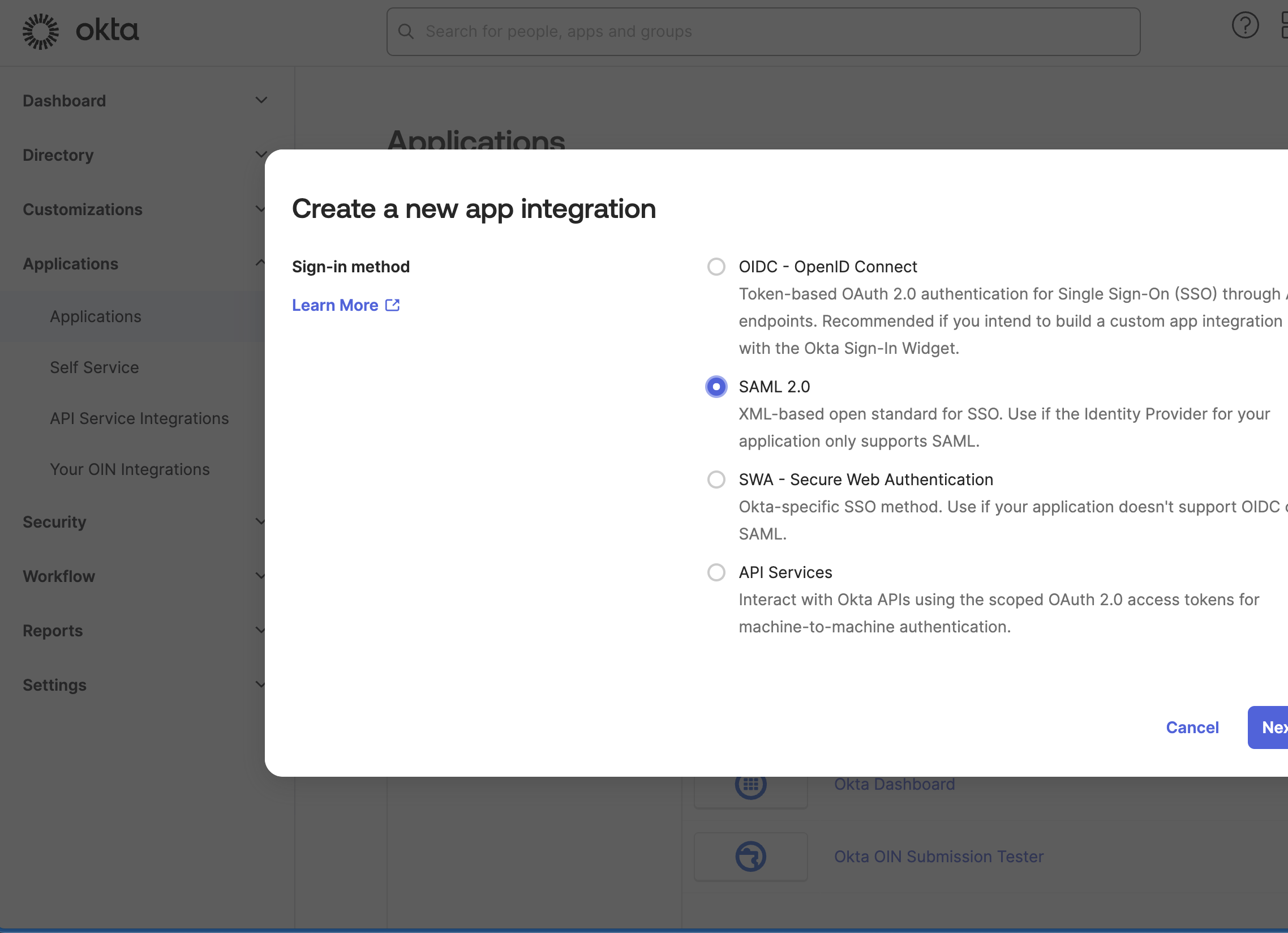 Okta interface displaying the 'Create a new app integration' window with SAML 2.0 selected.