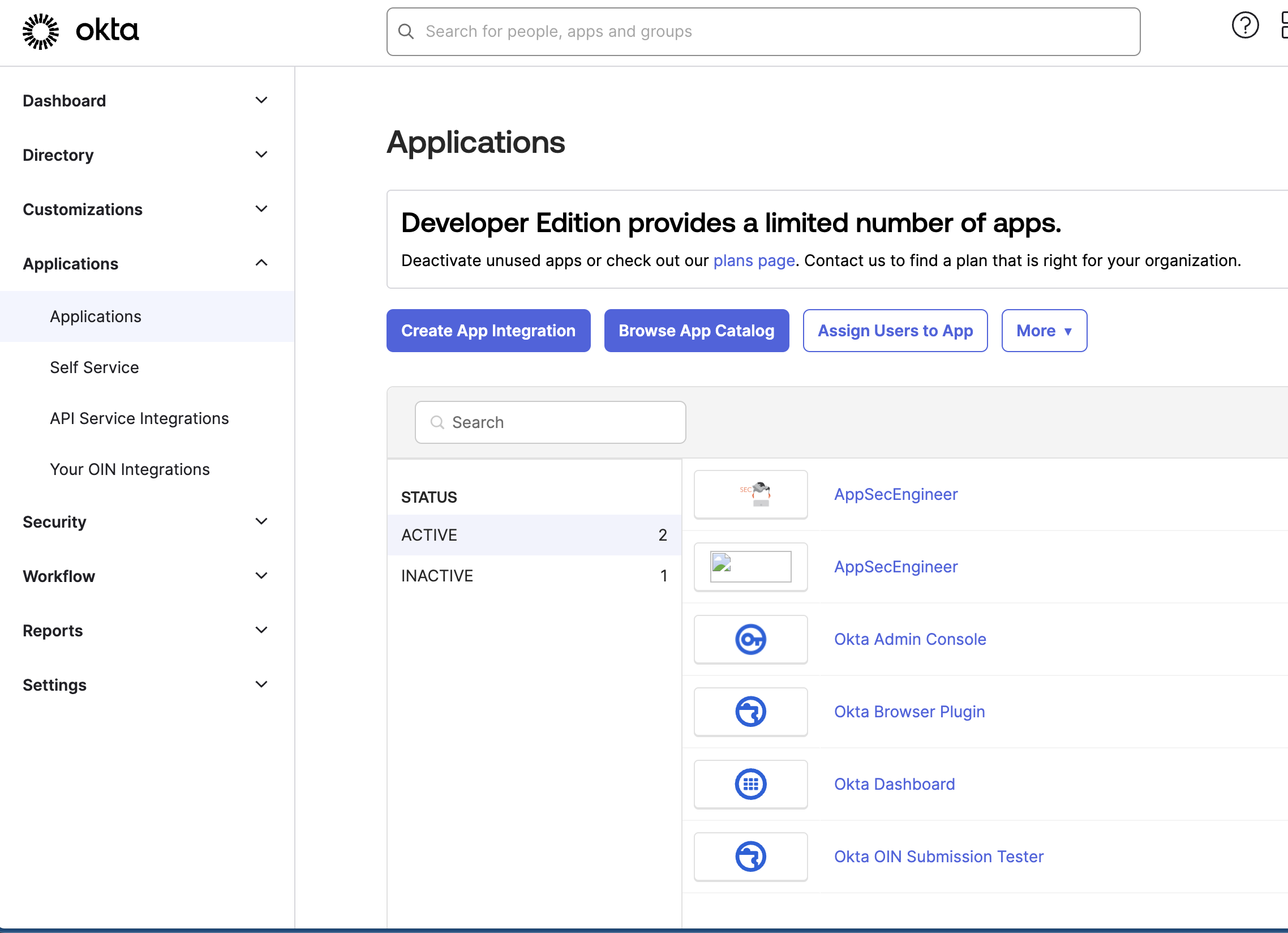 Okta Applications dashboard showing AppSecEngineer listed as an active and inactive app