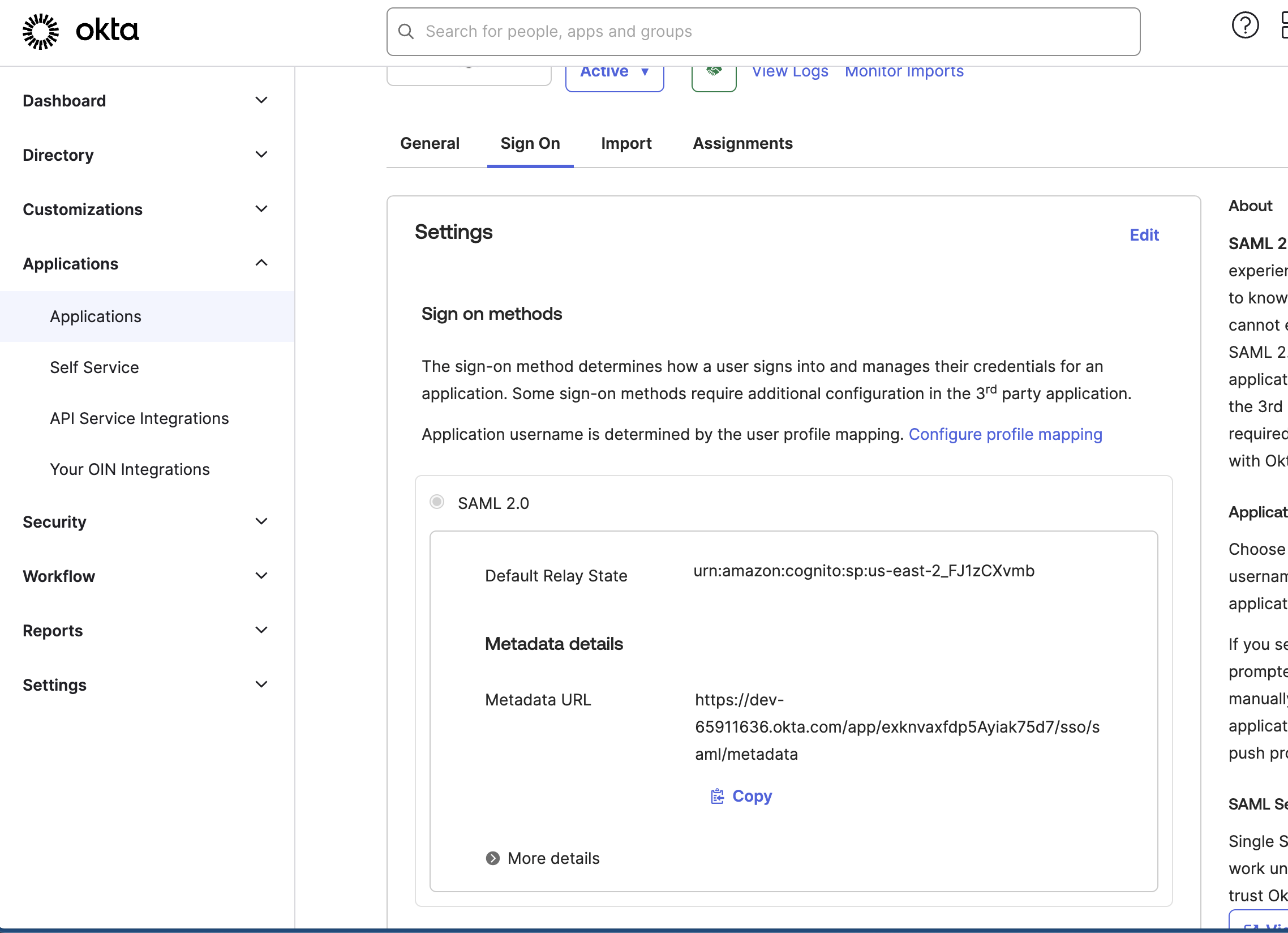 Okta SAML 2.0 sign-on settings with metadata details and relay state for Amazon Cognito.