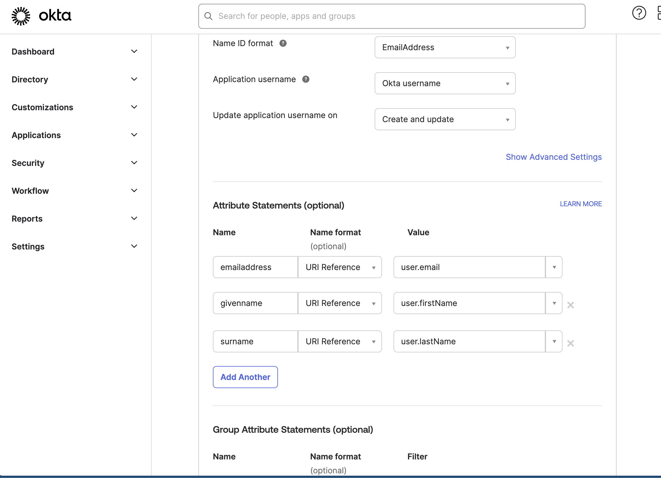 Okta SAML attribute statements configuration with email, given name, and surname mappings.