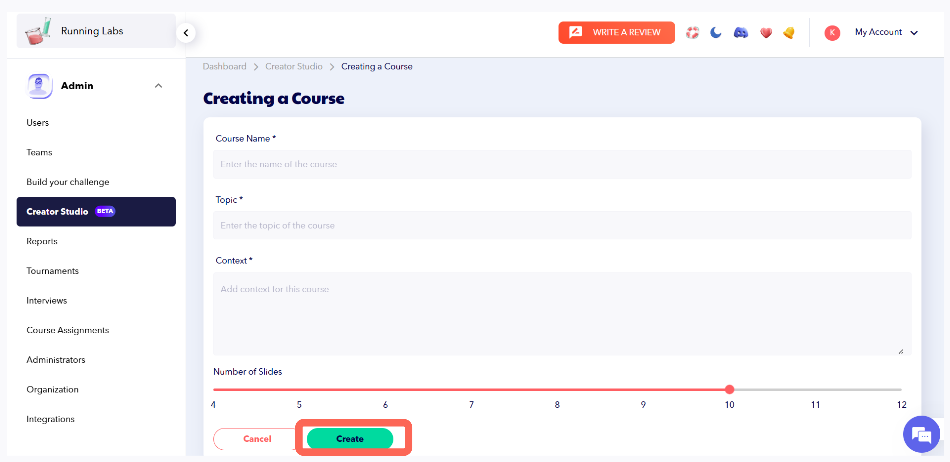 AppSecEngineer Creator Studio course creation screen with form fields and Create button.