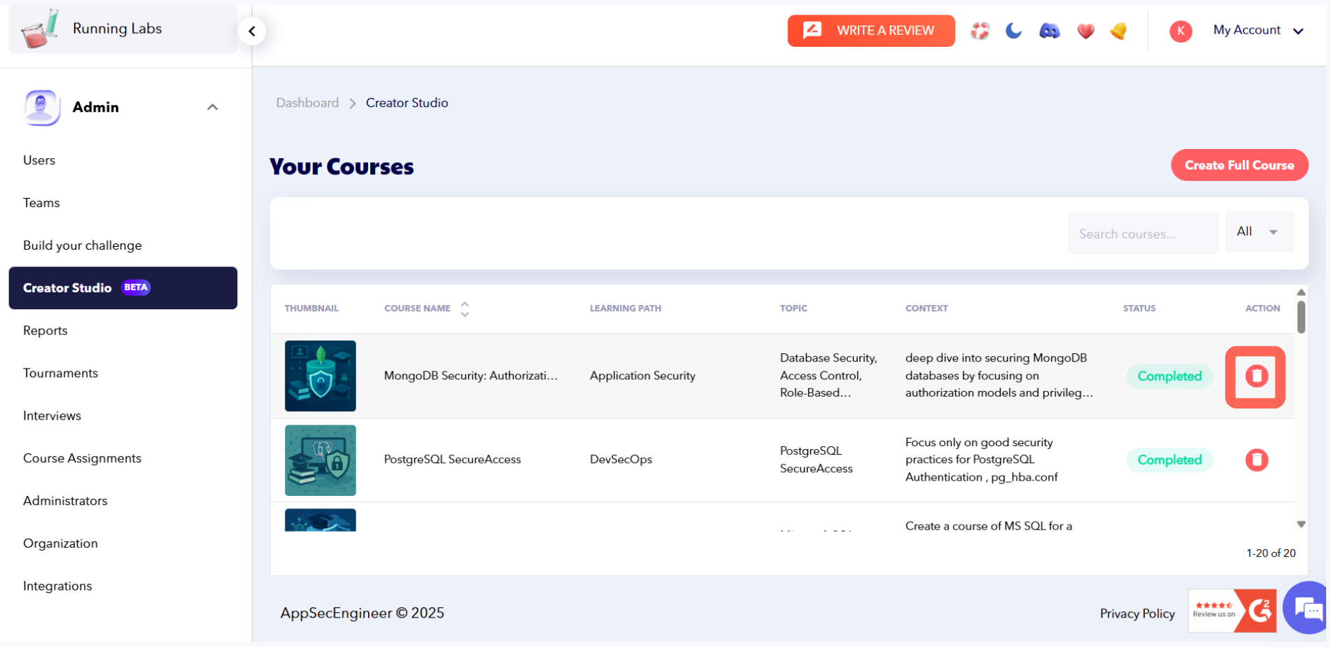 AppSecEngineer Creator Studio interface with course creation fields and option to manage slides before deleting if needed.