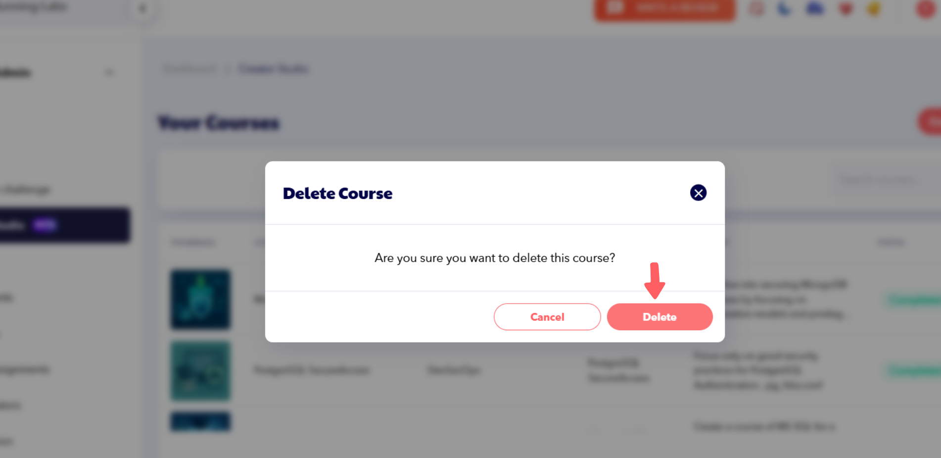AppSecEngineer Creator Studio dashboard highlighting the delete course option for easy course removal