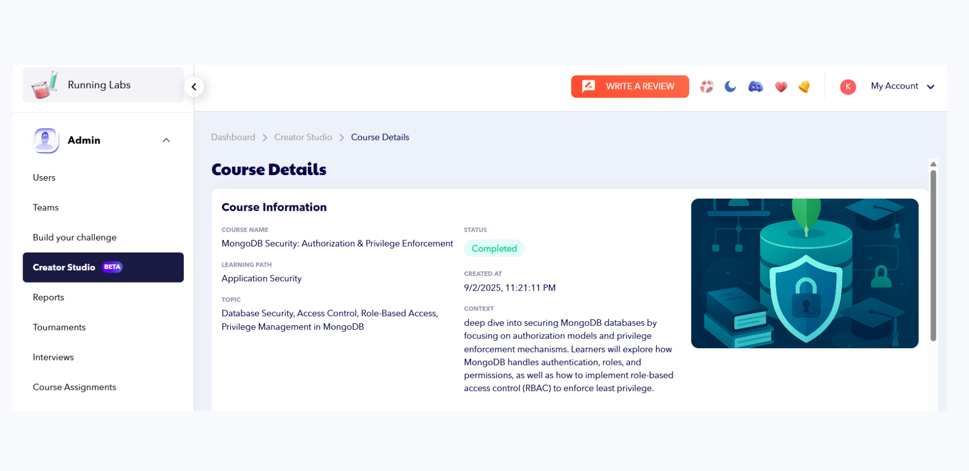 Creator Studio course details showing MongoDB Security course information and status as completed.