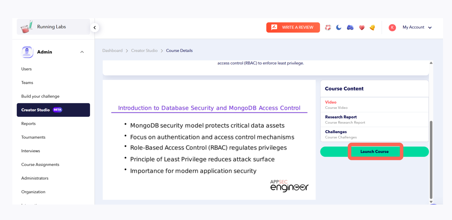 Creator Studio course content view with MongoDB Security introduction and launch course button.