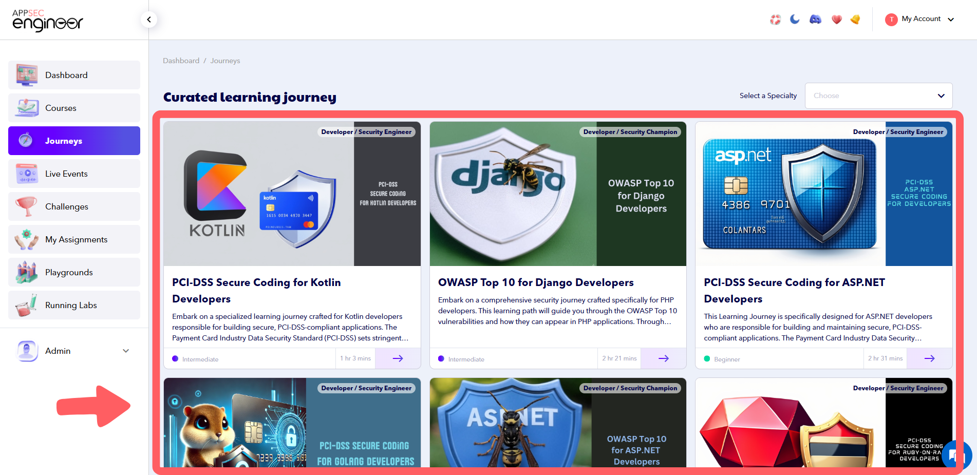 Screenshot of AppSecEngineer's Learning Dashboard