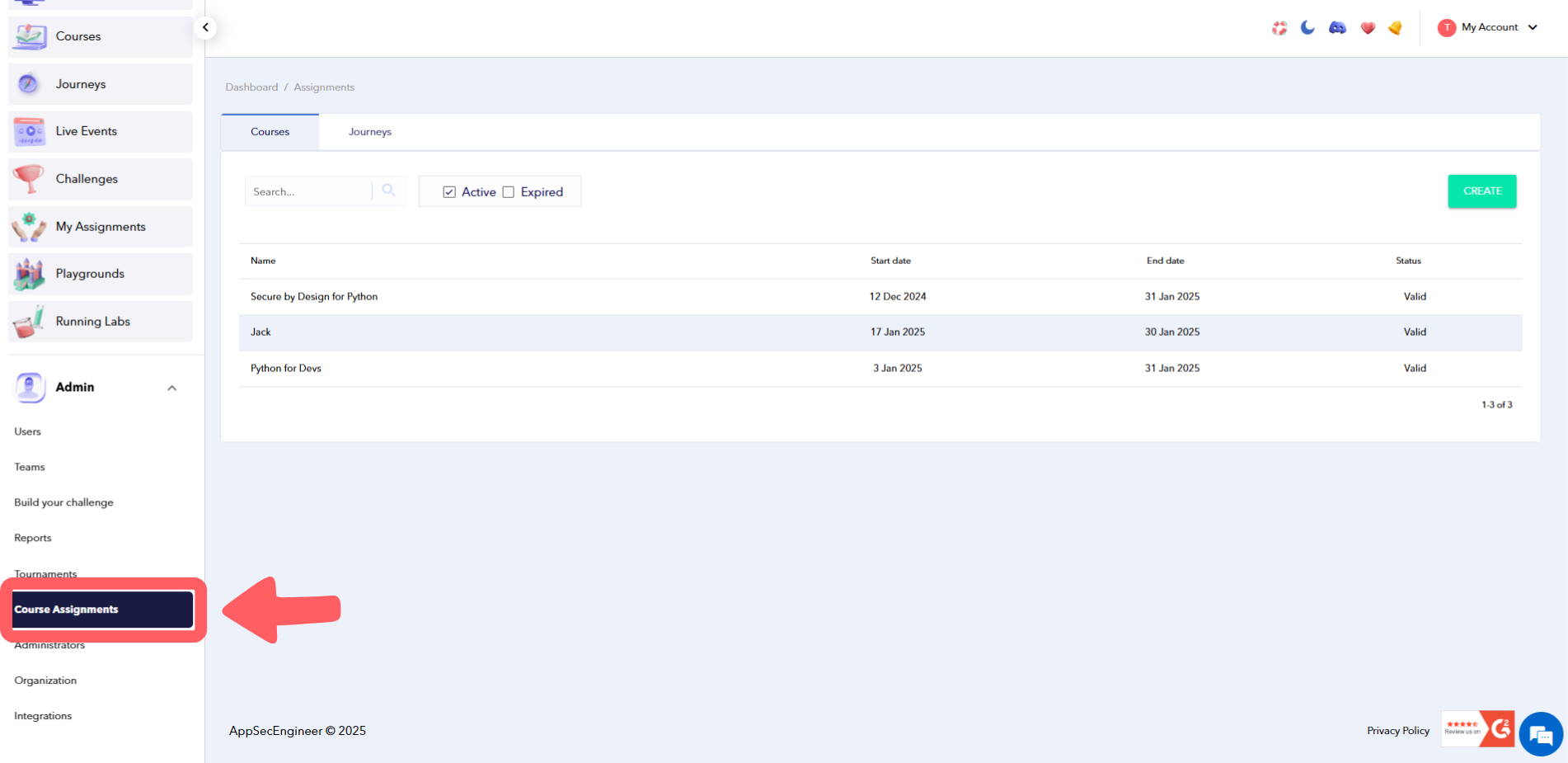 Screenshot of course assignment page