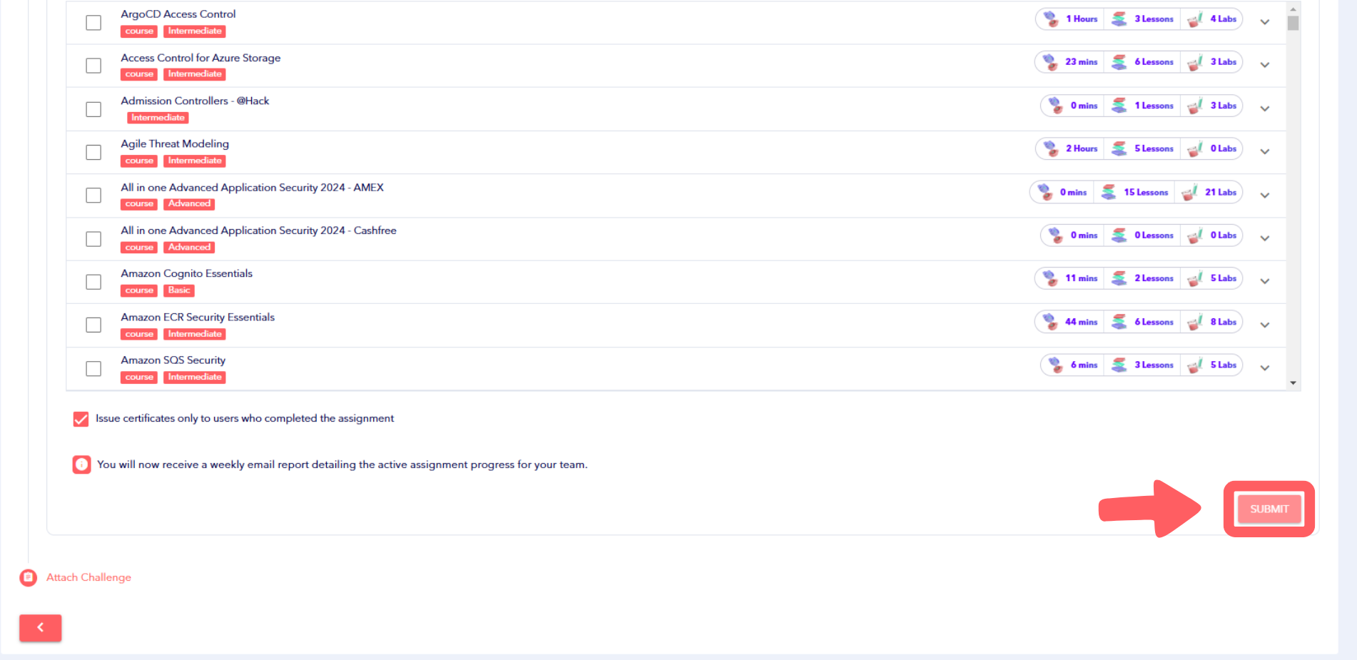 Screenshot of Assignments inside the App SecEngineer Dashboard