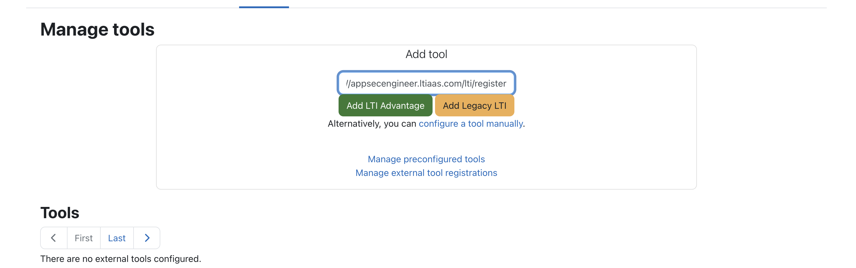LTI tool registration page.