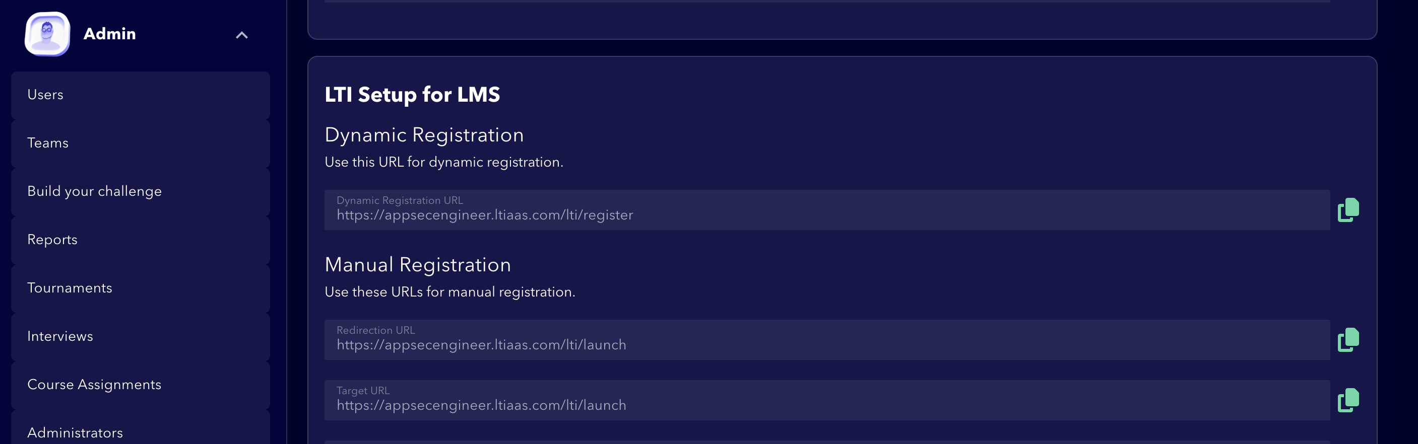 LTI setup page with registration URLs.